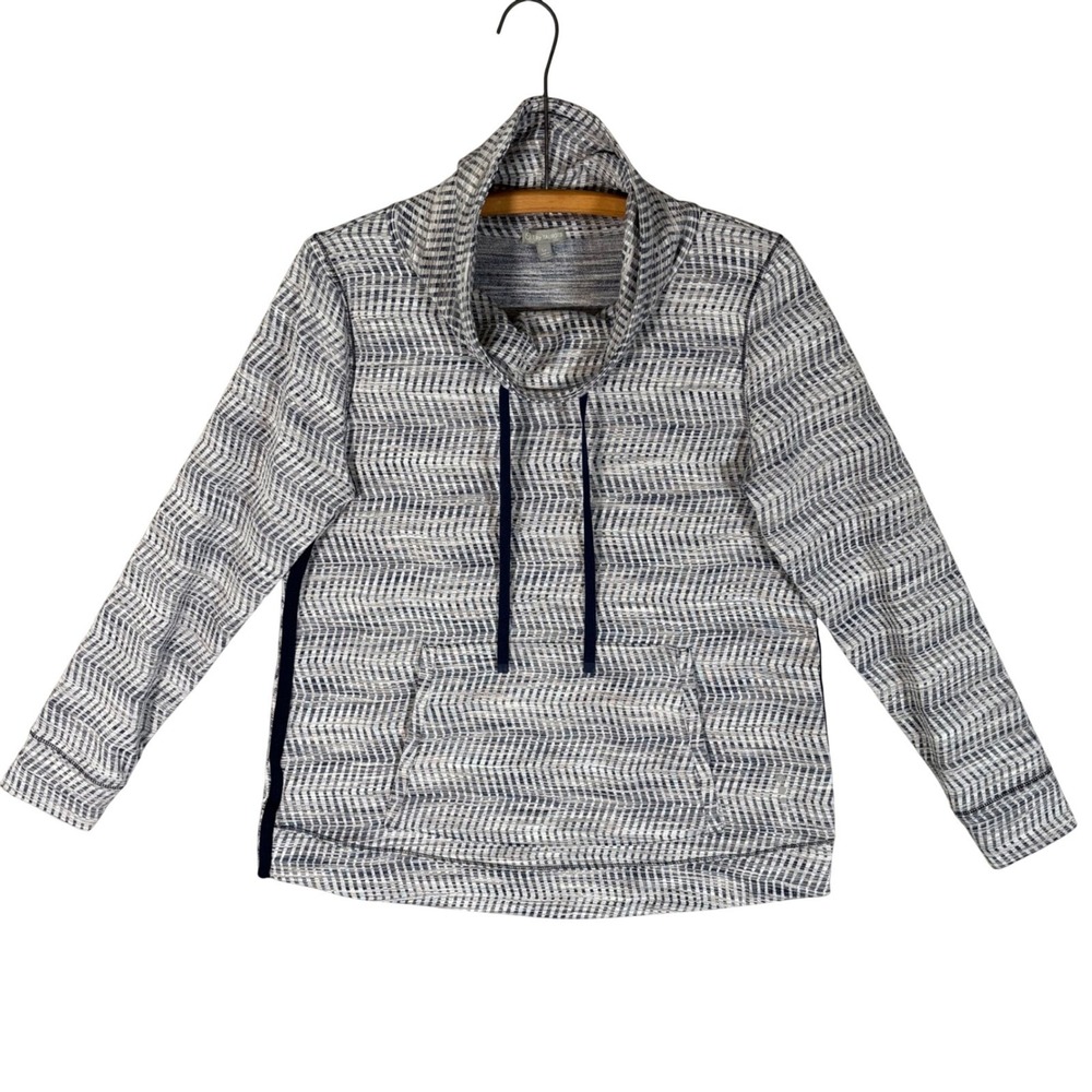 T by Talbots Womens Petite Large Cowl Neck Pullover Chevron Hoodie Blue Gray LP